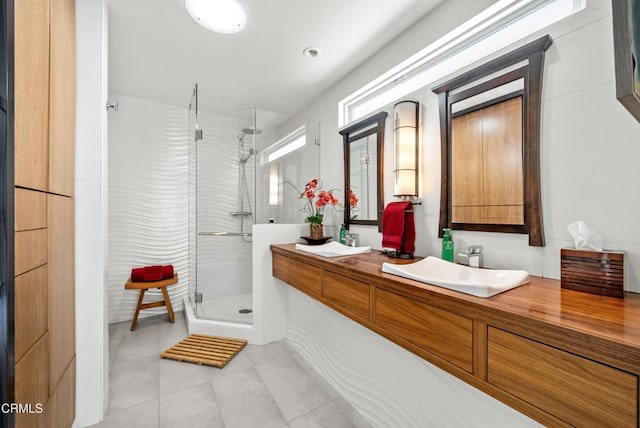 12724 Pallet Mesa Rd, Pearblossom, CA 93553 - bathroom featuring double vanity, a stall shower, and tile patterned flooring
