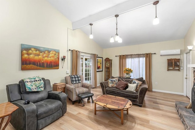 living room featuring an AC wall unit, high vaulted ceiling, a chandelier, and light wood-type flooring