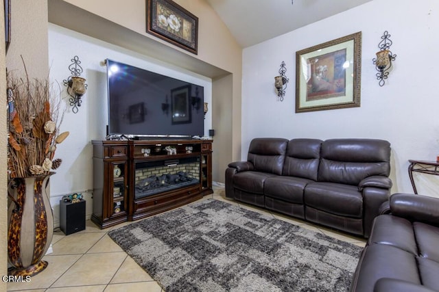 living room with light tile patterned floors and lofted ceiling