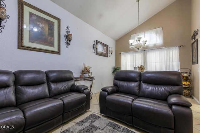 tiled living room featuring high vaulted ceiling and a chandelier