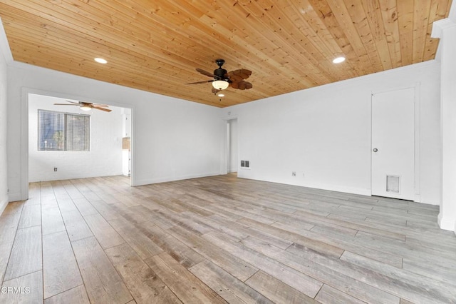 unfurnished room with ceiling fan, light hardwood / wood-style flooring, and wood ceiling