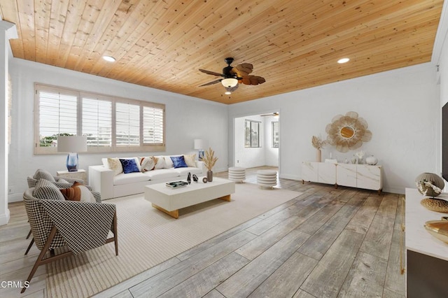 living room with hardwood / wood-style floors, ceiling fan, and wood ceiling