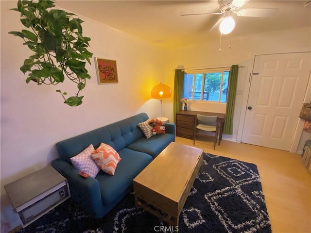 living room featuring ceiling fan and hardwood / wood-style floors