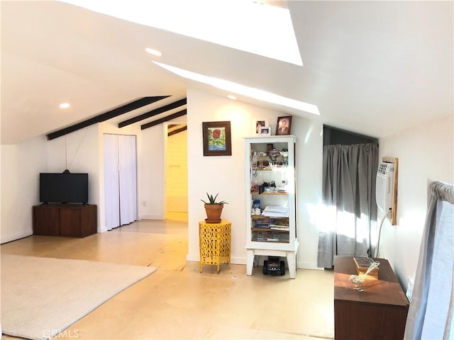 living room featuring vaulted ceiling with beams and an AC wall unit