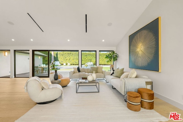 living room with lofted ceiling, light wood-type flooring, and a healthy amount of sunlight