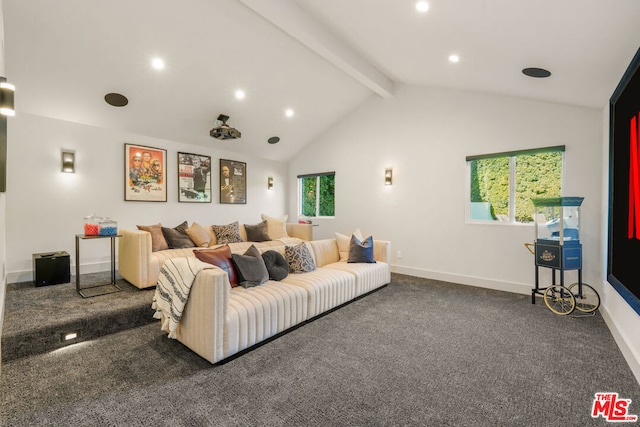 carpeted cinema featuring lofted ceiling with beams and plenty of natural light