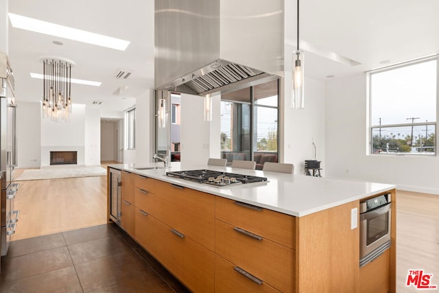 kitchen with sink, dark wood-type flooring, range hood, pendant lighting, and appliances with stainless steel finishes