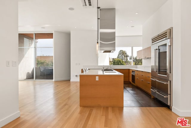 kitchen featuring appliances with stainless steel finishes, light hardwood / wood-style flooring, a kitchen island with sink, and sink