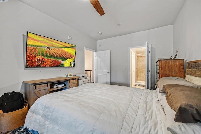 bedroom with ensuite bathroom and ceiling fan