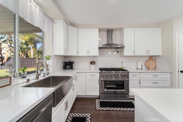 kitchen featuring dark wood-type flooring, wall chimney range hood, sink, white cabinetry, and stainless steel appliances