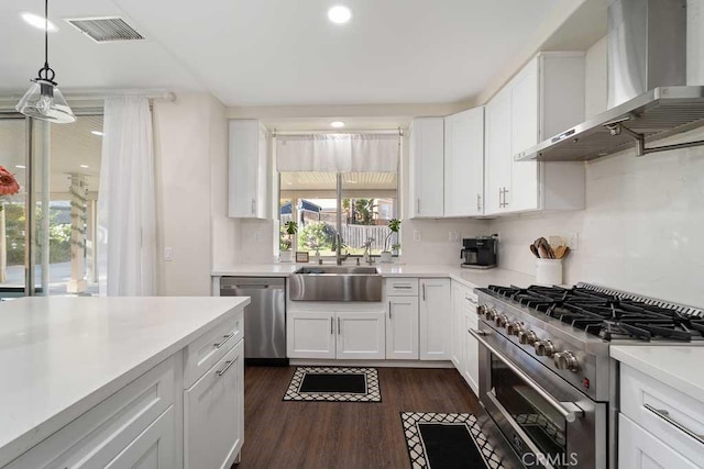 kitchen featuring white cabinetry, sink, wall chimney range hood, and stainless steel appliances