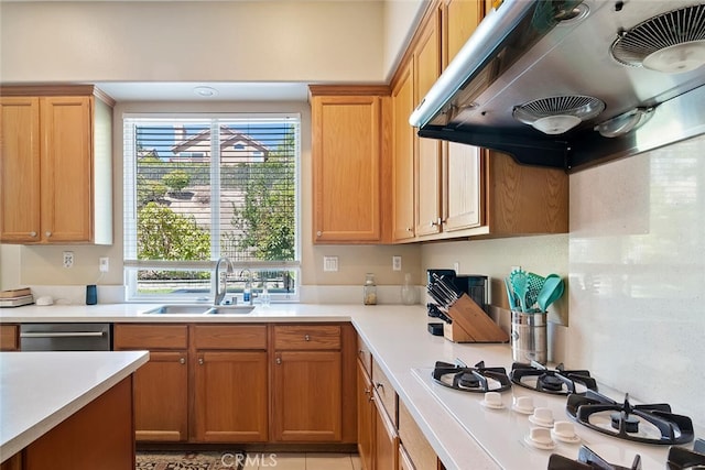 kitchen featuring ventilation hood, dishwasher, white gas cooktop, and sink