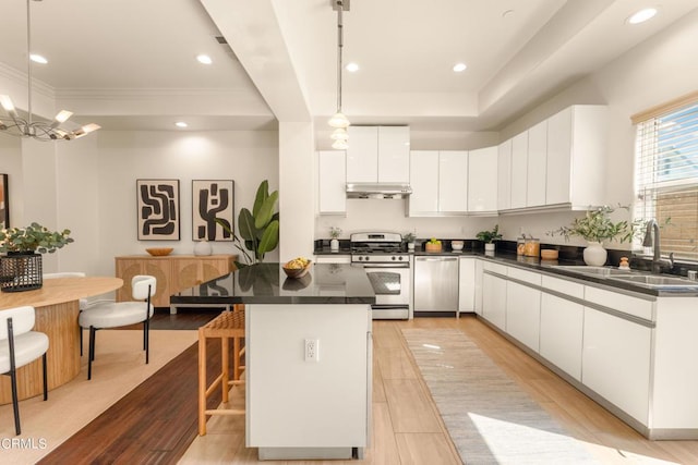 kitchen with stainless steel appliances, sink, decorative light fixtures, white cabinets, and a center island