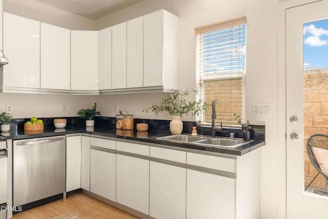 kitchen featuring white cabinets, light hardwood / wood-style floors, stainless steel dishwasher, and sink