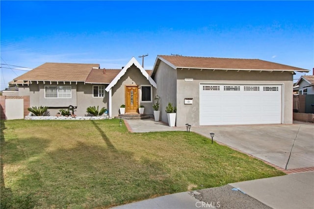 ranch-style home with a garage and a front lawn