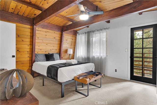 bedroom featuring beam ceiling, light colored carpet, and wooden ceiling