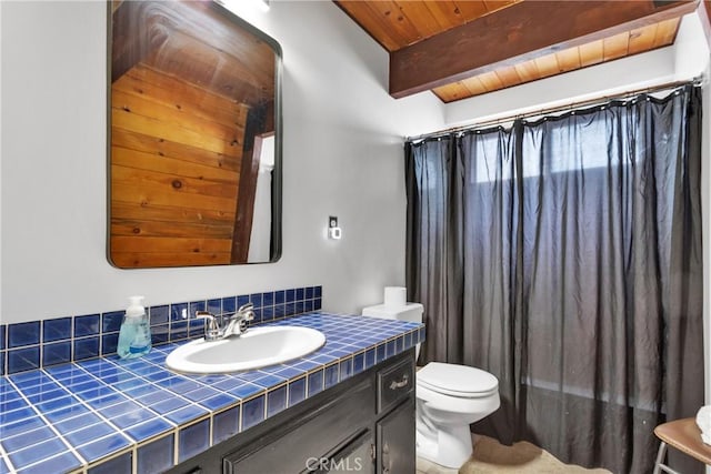 bathroom featuring vanity, toilet, beam ceiling, wood ceiling, and curtained shower