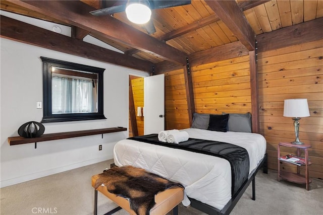 bedroom with light carpet, beamed ceiling, wood ceiling, and ceiling fan