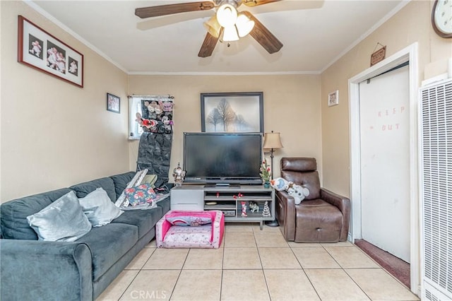 tiled living room featuring ornamental molding