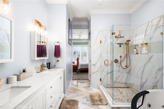 2028 Melbourne Cir, Banning, CA 92220 - ensuite bathroom with marble tiled flooring, ornamental molding, a marble finish shower, double vanity, and a jetted tub