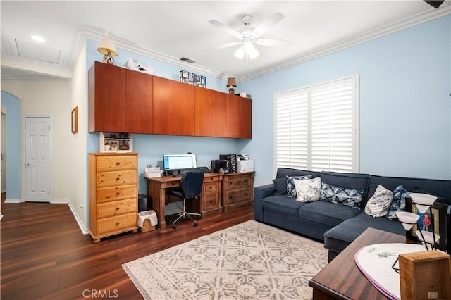 2028 Melbourne Cir, Banning, CA 92220 - office space featuring dark wood-type flooring, a ceiling fan, ornamental molding, and baseboards
