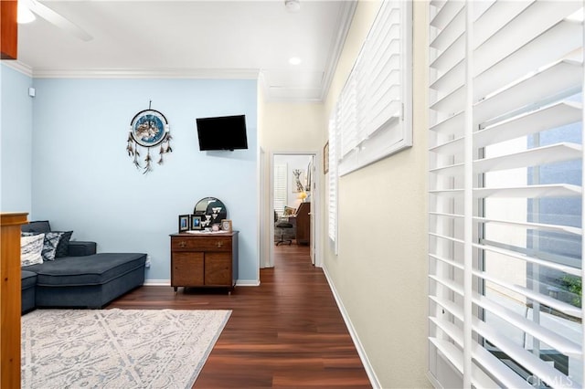 hallway with plenty of natural light, dark hardwood / wood-style flooring, and ornamental molding