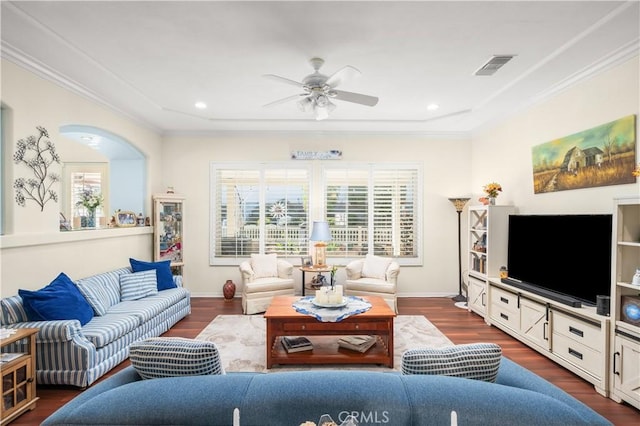 2028 Melbourne Cir, Banning, CA 92220 - living room with plenty of natural light, ceiling fan, ornamental molding, dark wood finished floors, and recessed lighting