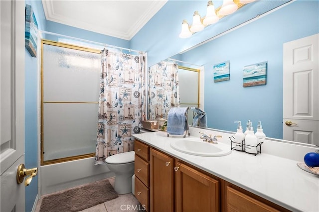 full bathroom featuring tile patterned floors, crown molding, shower / bath combination with curtain, toilet, and vanity