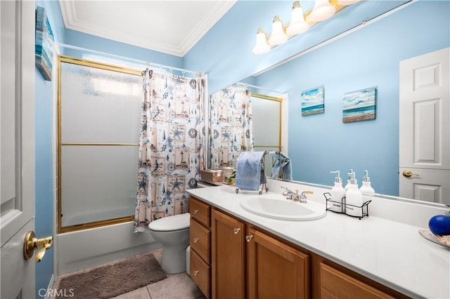 2028 Melbourne Cir, Banning, CA 92220 - bathroom featuring vanity, shower / tub combo with curtain, toilet, ornamental molding, and tile patterned floors