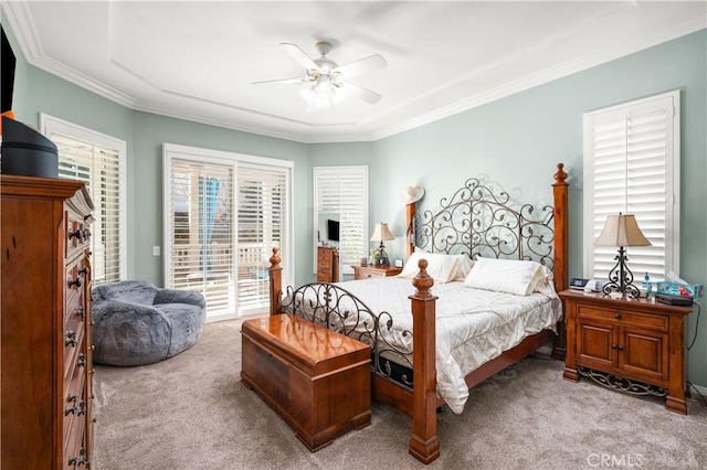2028 Melbourne Cir, Banning, CA 92220 - bedroom with carpet floors, access to exterior, crown molding, and ceiling fan