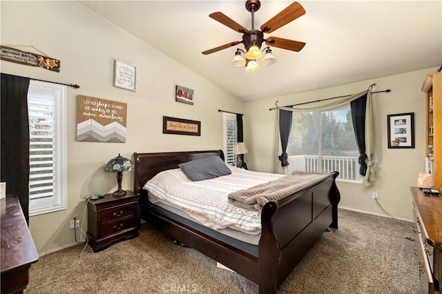 bedroom with carpet flooring, ceiling fan, and lofted ceiling