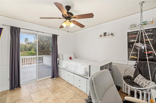 bedroom with ceiling fan, access to exterior, and light tile patterned floors