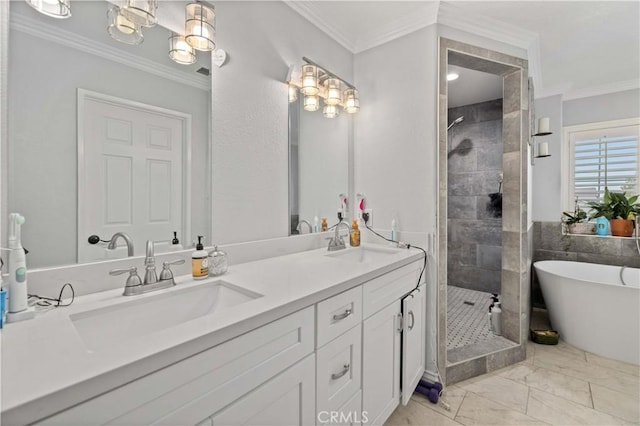 bathroom featuring vanity, shower with separate bathtub, and ornamental molding