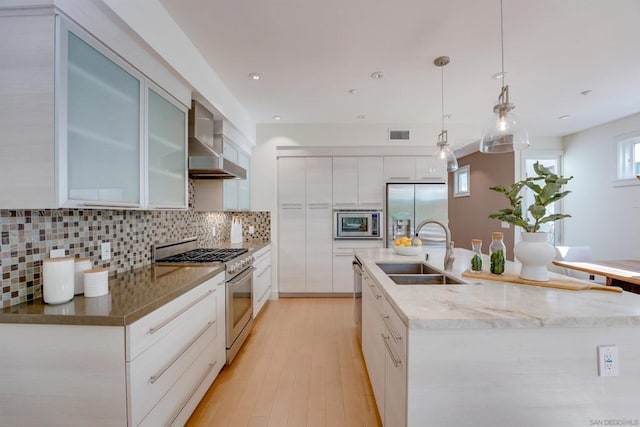 kitchen featuring plenty of natural light, wall chimney range hood, sink, and appliances with stainless steel finishes