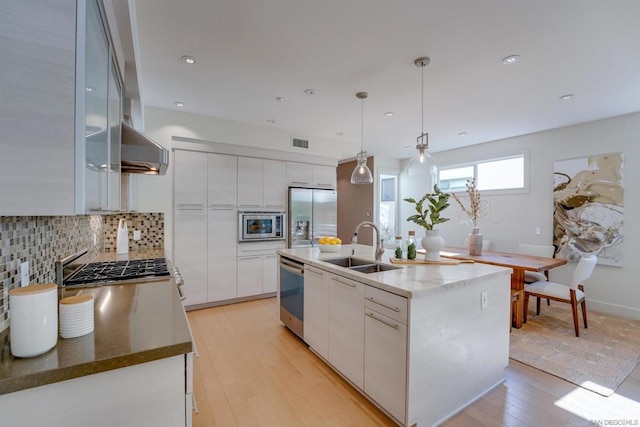 kitchen with white cabinets, an island with sink, decorative light fixtures, and appliances with stainless steel finishes