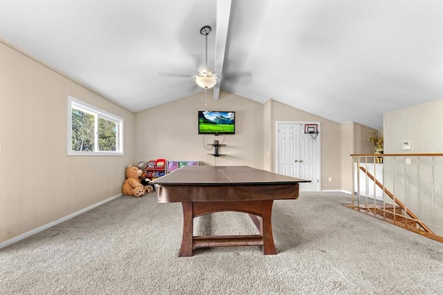 recreation room featuring vaulted ceiling with beams, carpet floors, and ceiling fan