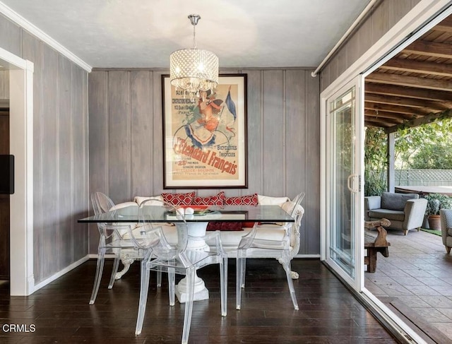 dining space with lofted ceiling with beams, wooden walls, and dark wood-type flooring