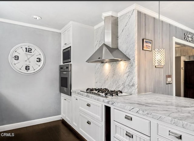 kitchen featuring wall chimney exhaust hood, stainless steel appliances, tasteful backsplash, dark hardwood / wood-style flooring, and white cabinets