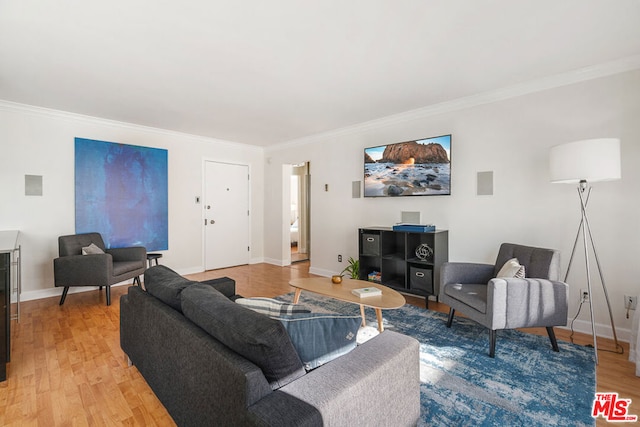 living room featuring wood-type flooring and crown molding