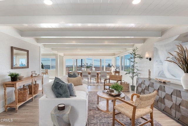 interior space featuring visible vents, beam ceiling, light wood-style flooring, and recessed lighting