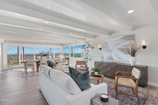 living area featuring baseboards, beam ceiling, a wealth of natural light, and light wood-style floors