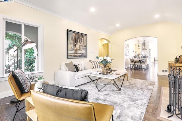 living room featuring lofted ceiling, dark hardwood / wood-style floors, and crown molding