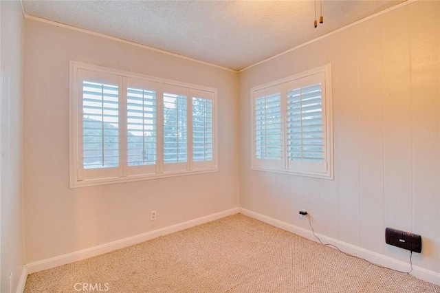 unfurnished room with crown molding, a textured ceiling, and light carpet