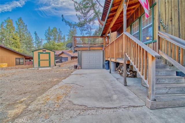 view of property exterior with a storage shed