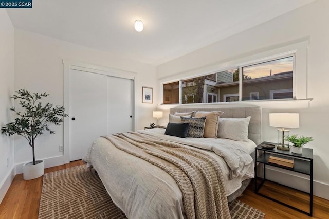 bedroom with a closet and hardwood / wood-style floors