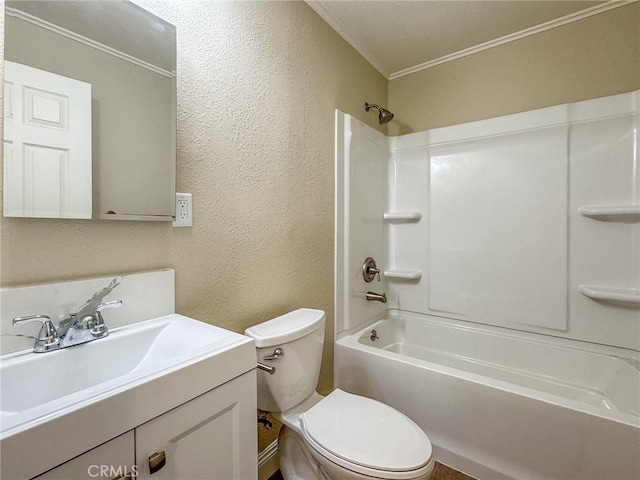 full bathroom featuring vanity, shower / bathtub combination, toilet, and ornamental molding