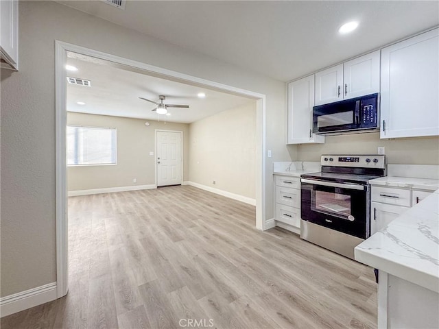 kitchen with white cabinets, ceiling fan, light hardwood / wood-style flooring, and stainless steel range with electric cooktop