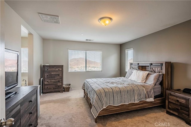 bedroom with light carpet