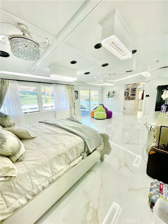 bedroom featuring ornamental molding, multiple windows, and coffered ceiling