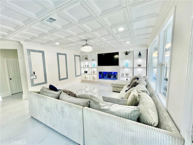 living room with built in shelves, crown molding, and coffered ceiling